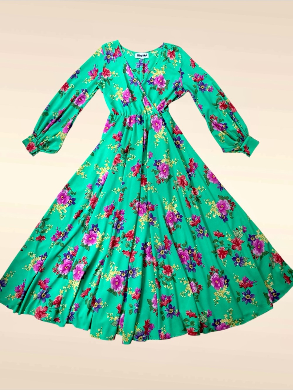 Meghan LA Fabulous Floral Green Faux Wrap Maxi Dress Renaissance Boho XL Belted